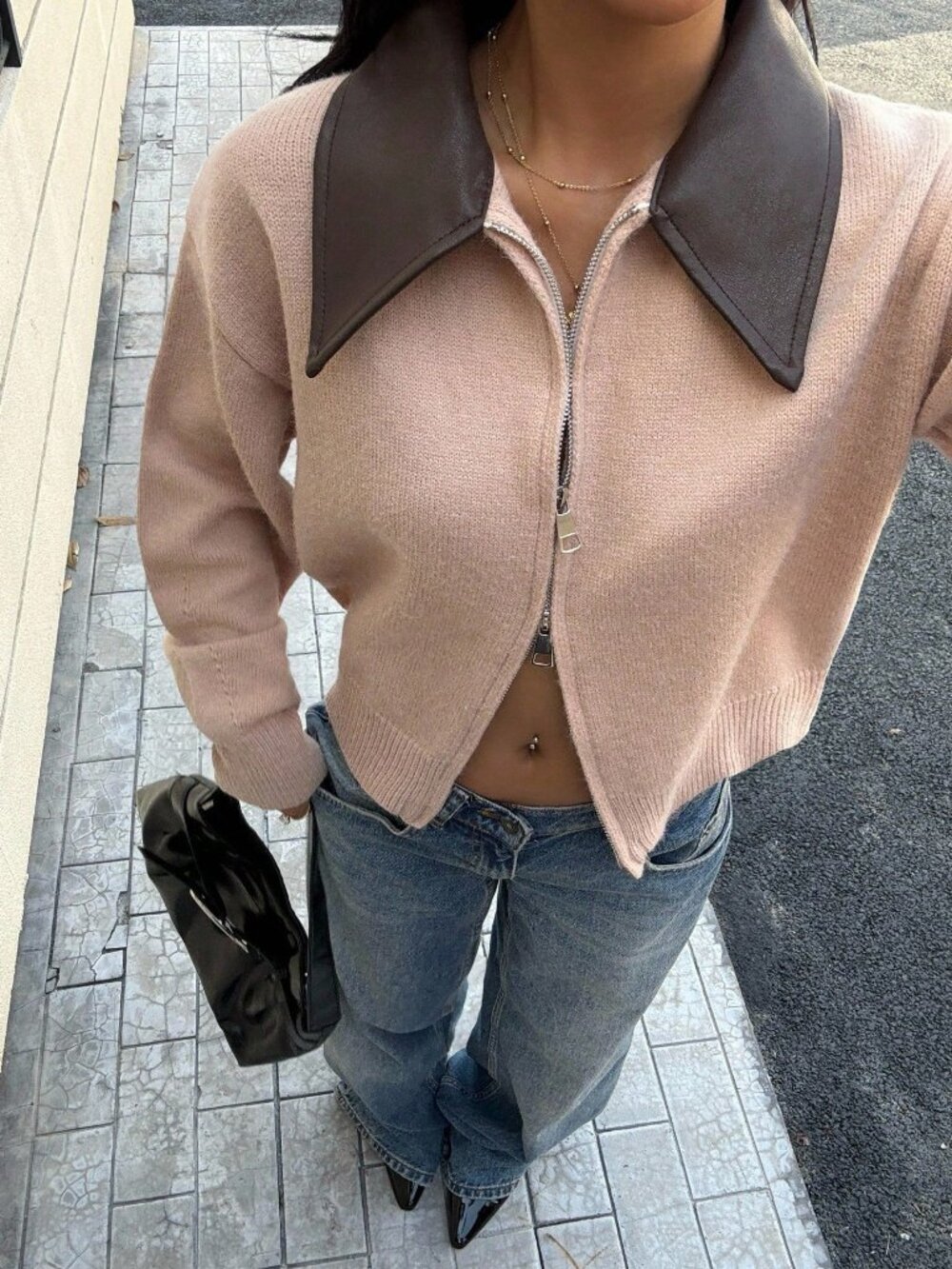 Khaki Casual Women's Patchwork Collar Short Dual Zipper Front Knit Cardigan